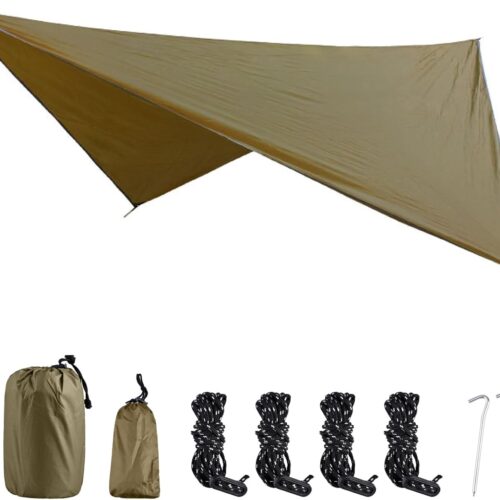 Camping Tarp Cover Waterproof Rain Fly Tent Ground Cloth Footprint Hammock Shelter for Outdoor Hiking Picnic Beach (Brown+Accessories)