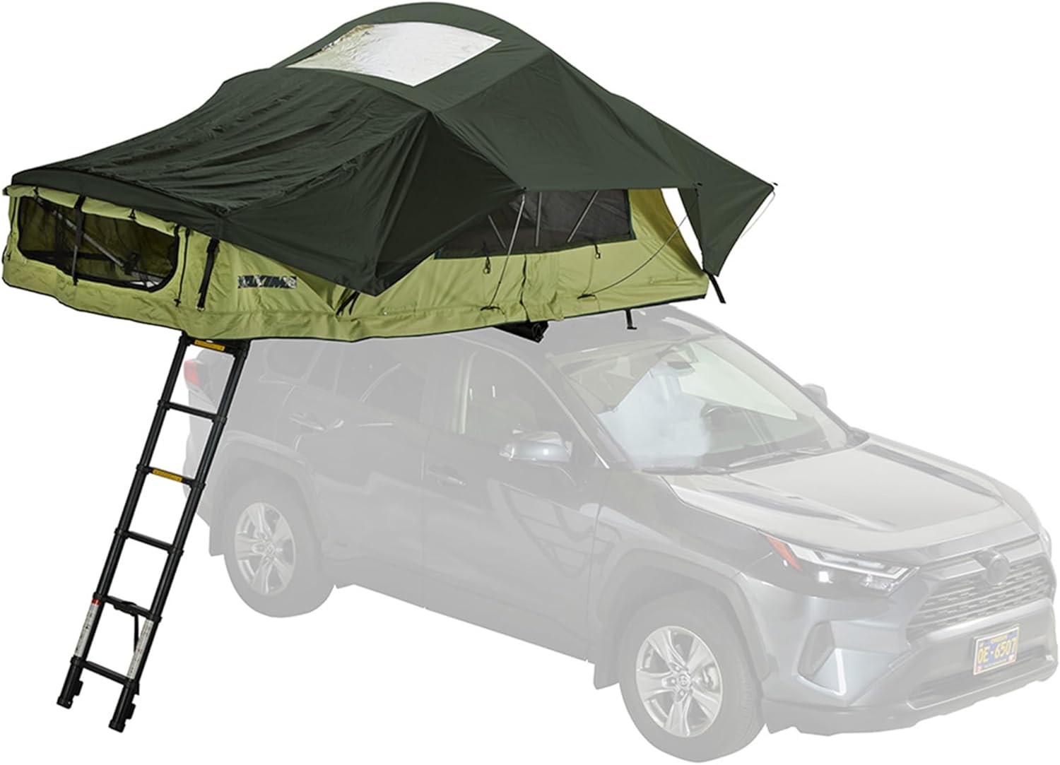 Universal Roof Top Tent: 2-person capacity, featuring storage pockets and a memory foam mattress with a removable cover; Green model.