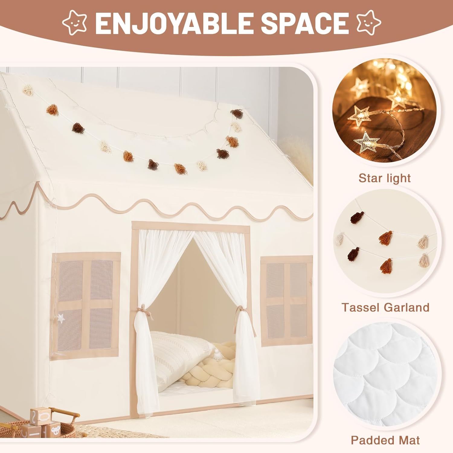 Kids Play Tent Indoor: with Mat, Tassel Garland, Star Lights - Toddler Girl Tent Indoor Playhouse for Toddlers Kids Toys for Boy Girl Birthday Gift - Image 2
