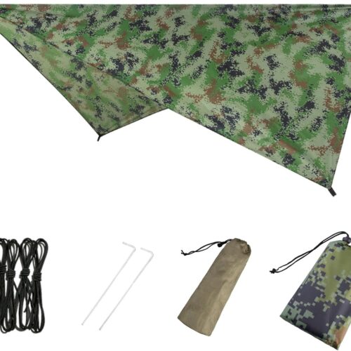Hammock Camping Tarp Rain Fly, Waterproof Tent Shelter Awning Sunshade Cloth Picnic Mat for Outdoor Hiking Beach Backpacking - Included Guy Lines & Stakes
