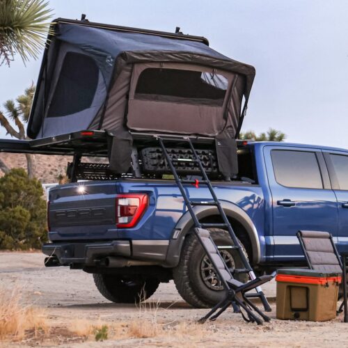 Hard-Shell Roof Top Tent: 2-person capacity, designed specifically for off-road camping; features LED light strips, crossbars, and a cargo rack; easy to open.