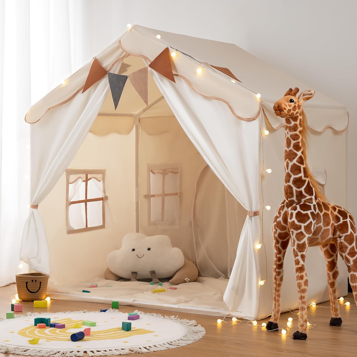 Kids Play Tent 2 in 1 with Padded Mat and Lights, Large Kids Playhouse with 2 Doors & 4 Windows, Indoor & Outdoor, Christmas Toddler Tent, 51" x35" x 51"