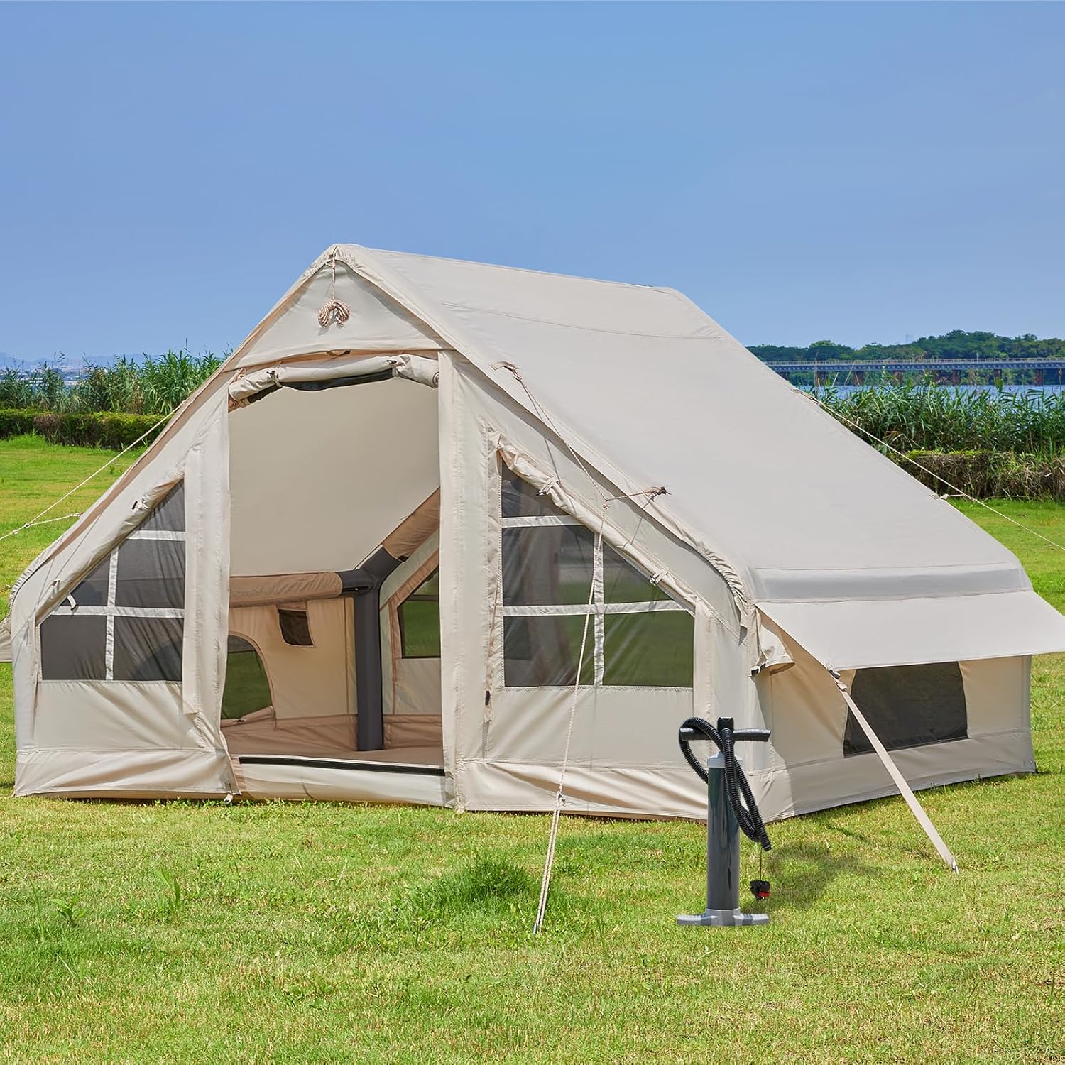Inflatable Tent with Pump,4-6 Person Instant Glamping Camping Tents House, Easy Setup Blow Up Family Tents for 4 Seasons Waterproof Inflatable Tent for Camping with Mesh Windows.